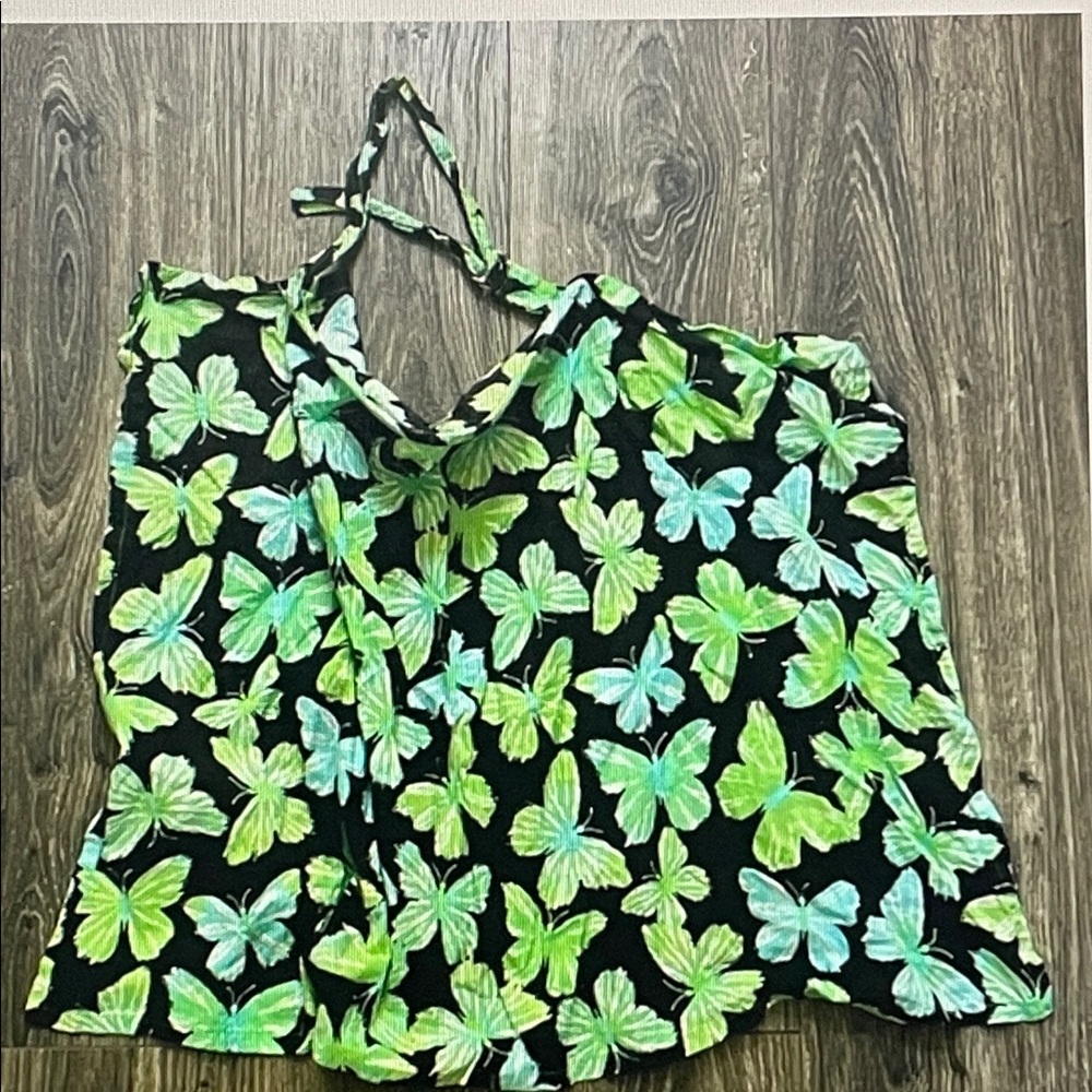 Free People Black Halter Camisole with Green & Teal Butterfly Print